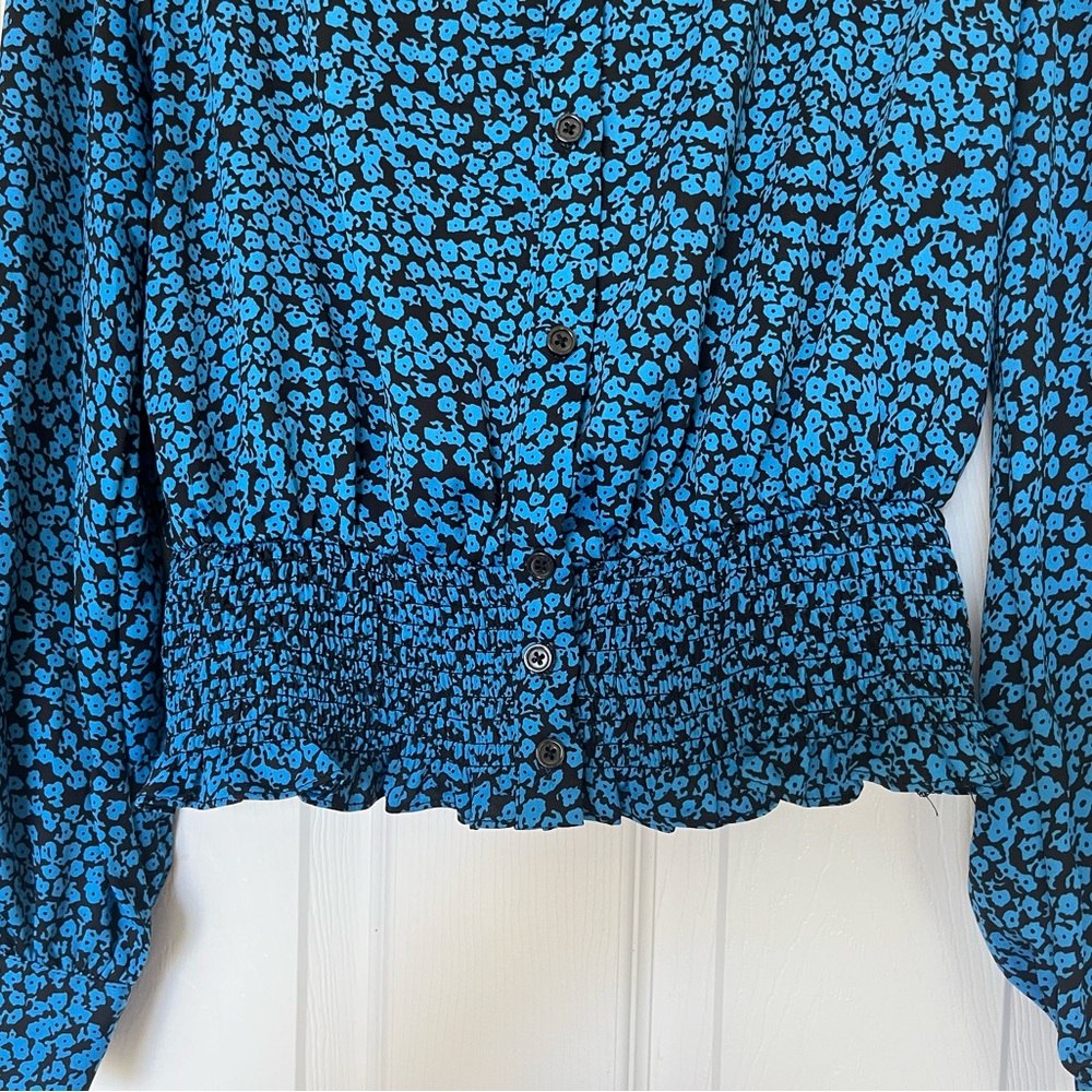Satin Blue Flower Patterned Women's Top with smocked defined waist - Picture 3 of 3